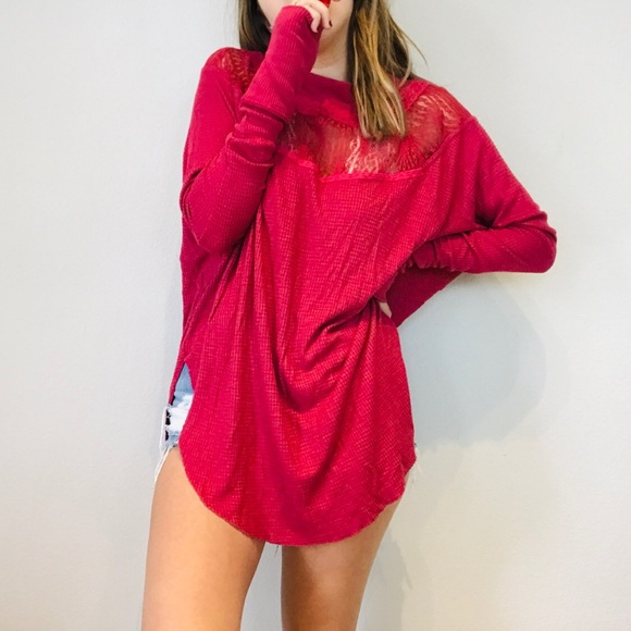 Free People pink lace inset oversized thermal - Picture 3 of 9